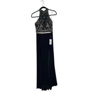 GIGI by La Femme Lace Halter Top Maxi Skirt Gown